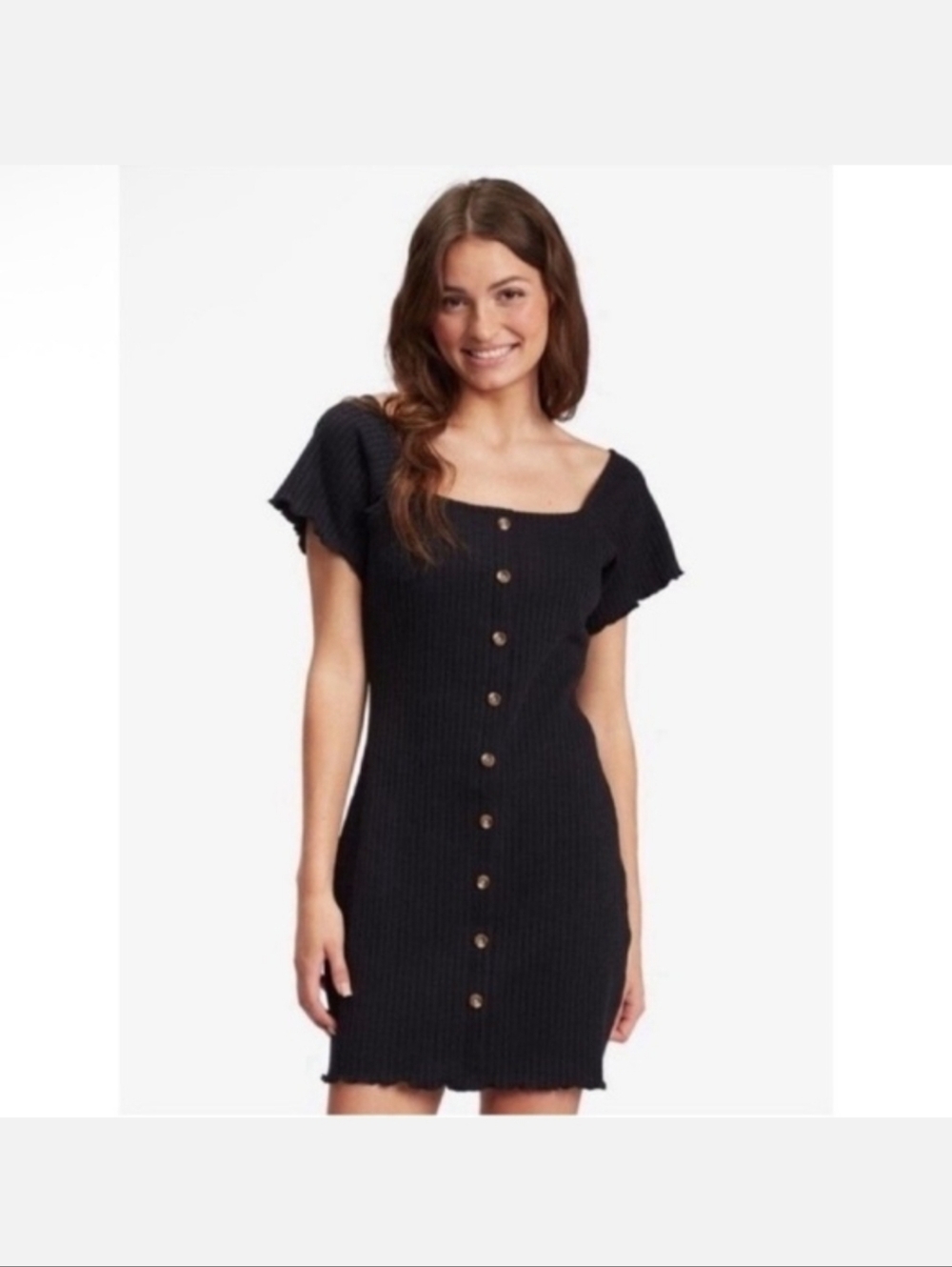 ROXY Sandy Hills Black Ribbed Button-Front Mini Dress S